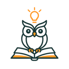 Minimal flatstyle icon of an owl sitting on an open book symbolizing wisdom and knowledge Add a subtle glowing lightbulb above its head to represent AI and smart answers Use clean lines with orange accents professional corporate style