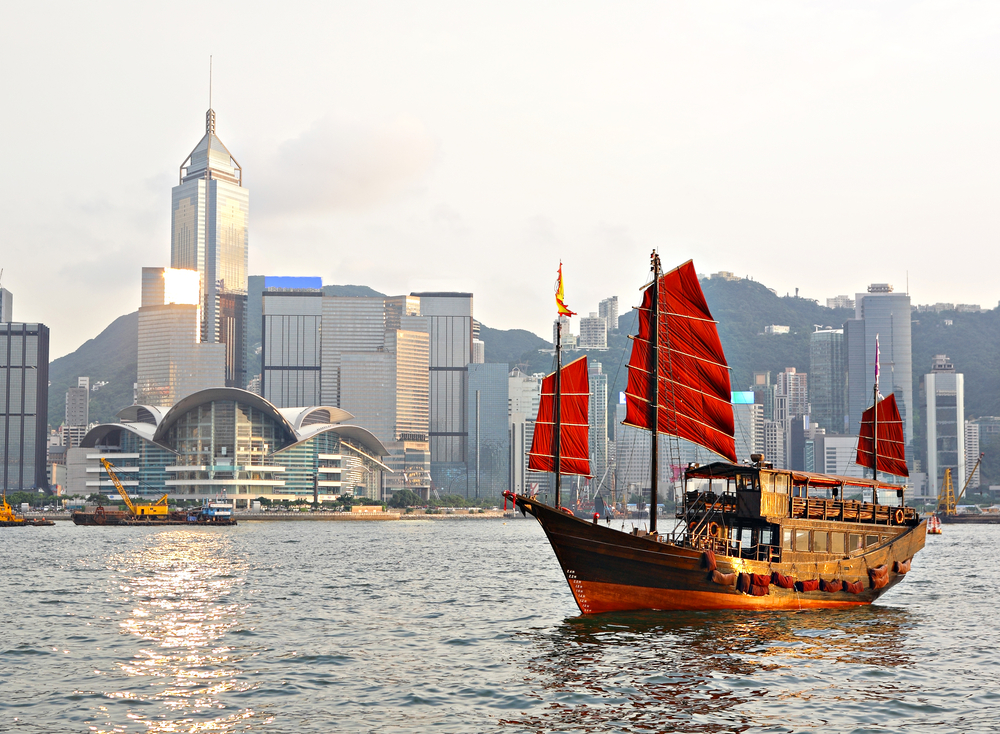 Hong Kong harbour with tourist junk